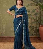 Teal floral embroidered tissue designer saree