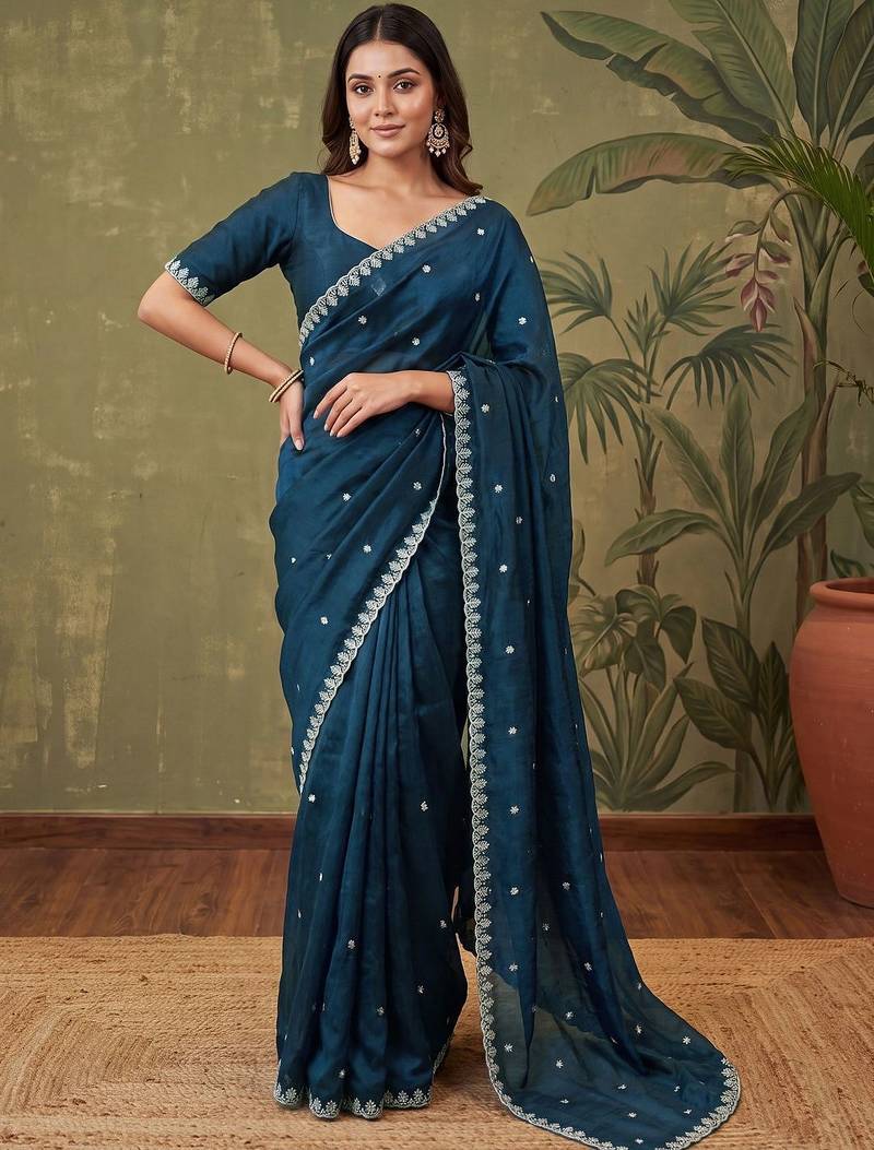 Teal floral embroidered tissue designer saree