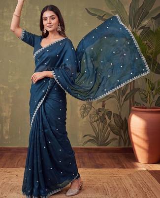 Teal floral embroidered tissue designer saree 2