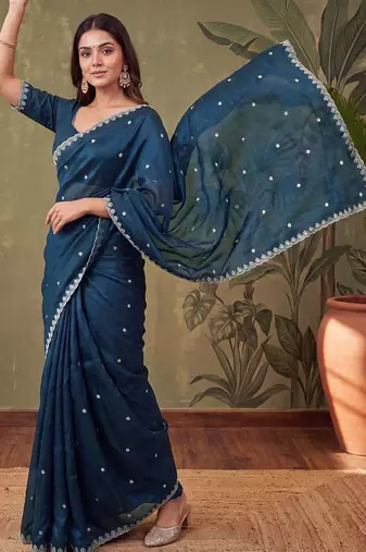 Teal floral embroidered tissue designer saree
