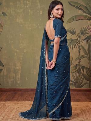 Teal floral embroidered tissue designer saree 3
