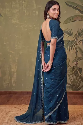 Teal floral embroidered tissue designer saree