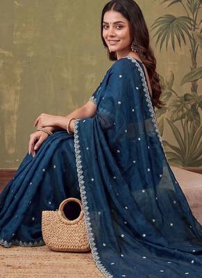 Teal floral embroidered tissue designer saree 4