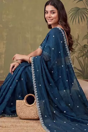 Teal floral embroidered tissue designer saree