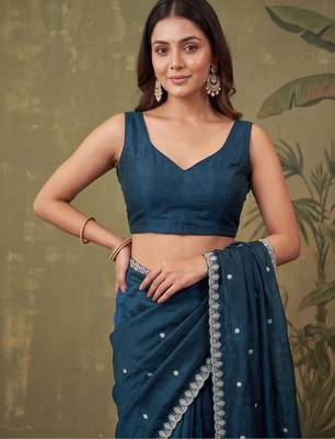 Teal floral embroidered tissue designer saree 5