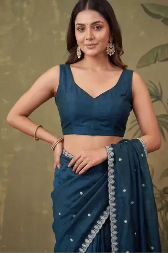 Teal floral embroidered tissue designer saree