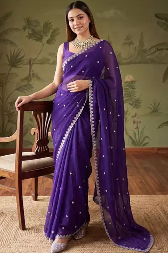 Purple floral embroidered tissue designer saree