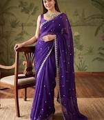 Purple floral embroidered tissue designer saree