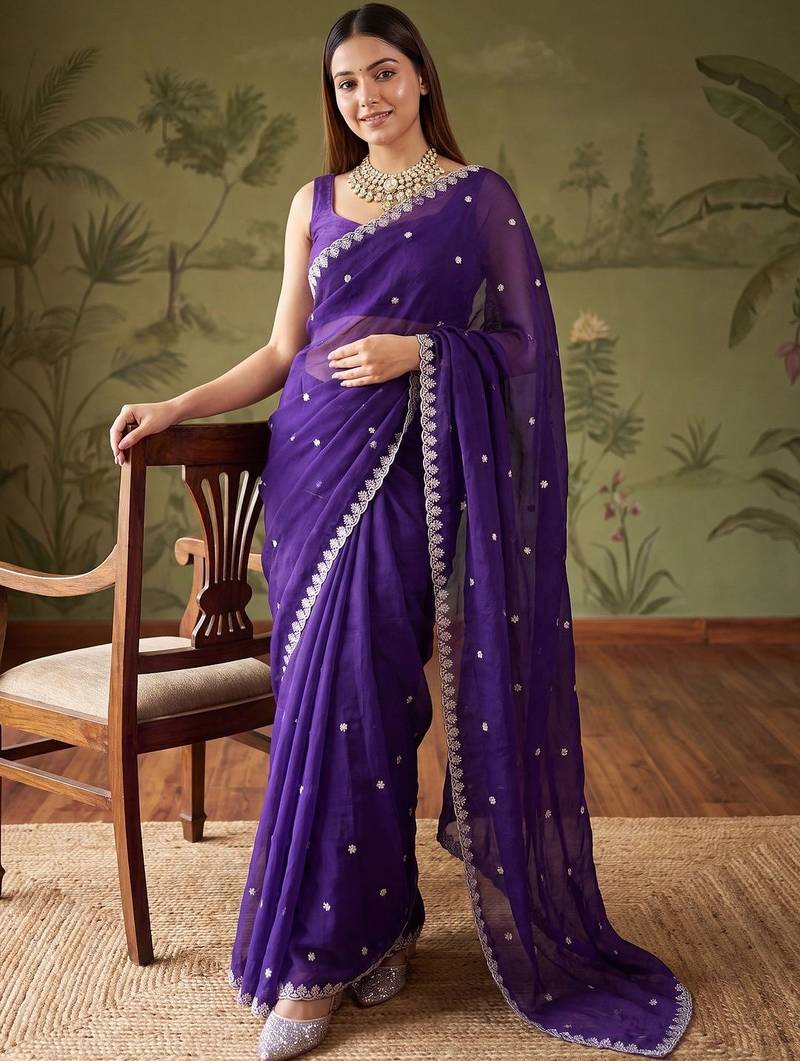 Purple floral embroidered tissue designer saree