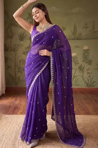 Purple floral embroidered tissue designer saree