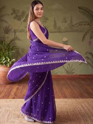 Purple floral embroidered tissue designer saree 3