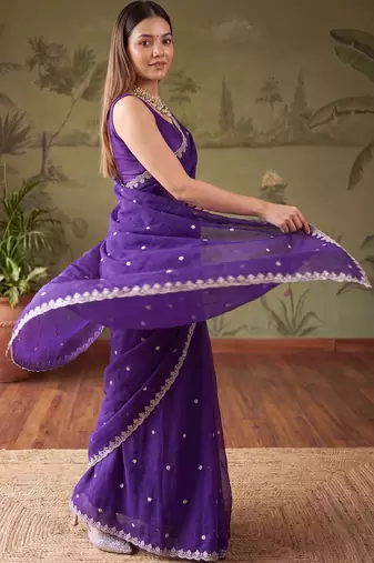 Purple floral embroidered tissue designer saree