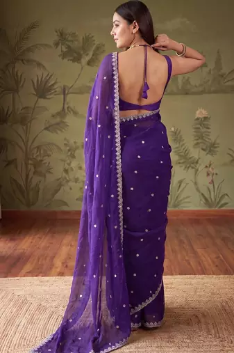 Purple floral embroidered tissue designer saree