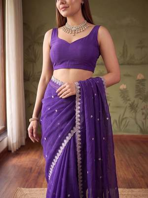 Purple floral embroidered tissue designer saree 5