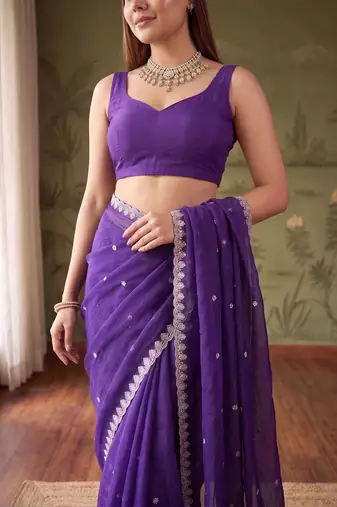 Purple floral embroidered tissue designer saree