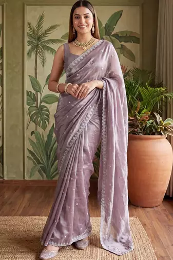 Lavender floral embroidered tissue designer saree