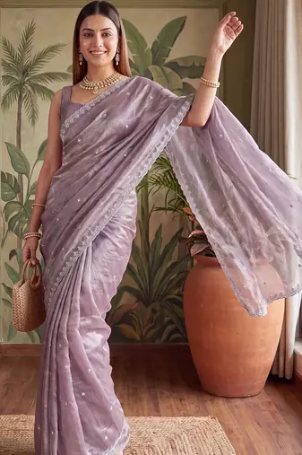 Lavender floral embroidered tissue designer saree