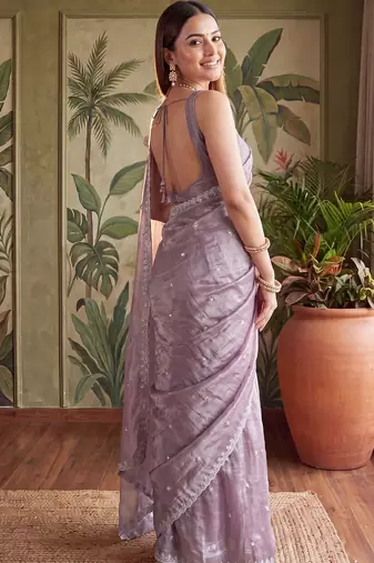 Lavender floral embroidered tissue designer saree