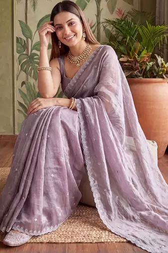 Lavender floral embroidered tissue designer saree