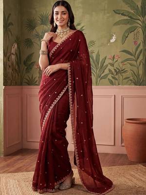 Maroon floral embroidered tissue designer saree 1