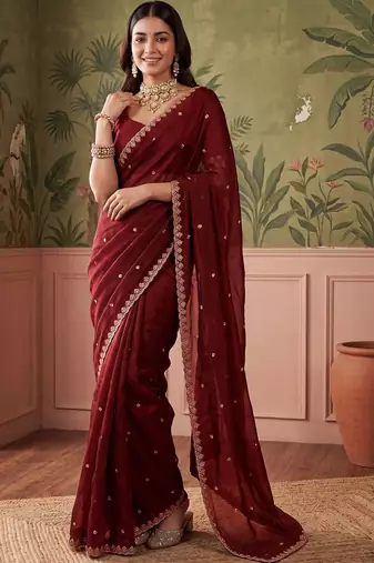 Maroon floral embroidered tissue designer saree