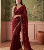 Maroon floral embroidered tissue designer saree