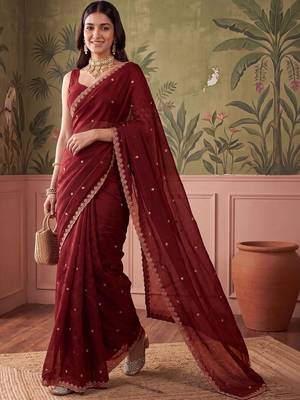 Maroon floral embroidered tissue designer saree 2
