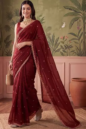Maroon floral embroidered tissue designer saree