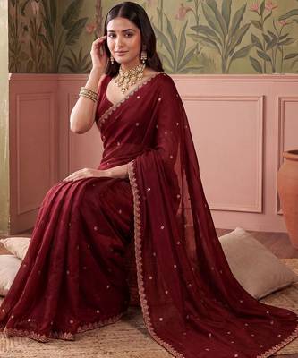 Maroon floral embroidered tissue designer saree 3