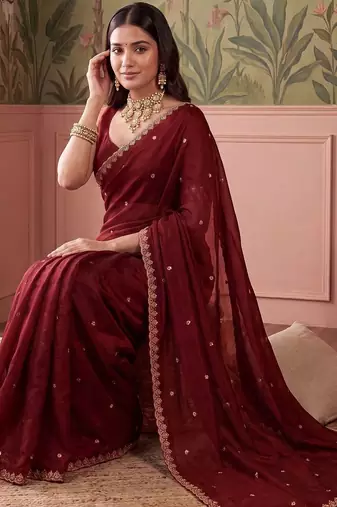 Maroon floral embroidered tissue designer saree