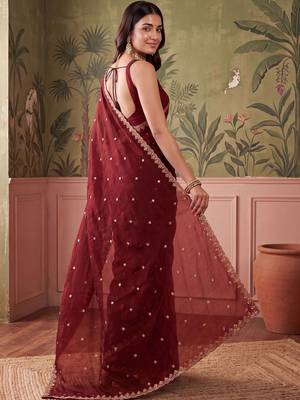 Maroon floral embroidered tissue designer saree 4