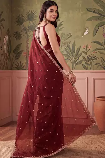 Maroon floral embroidered tissue designer saree