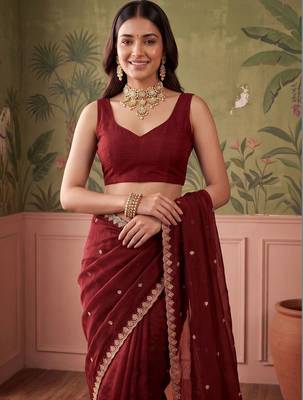 Maroon floral embroidered tissue designer saree 5
