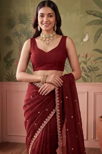 Maroon floral embroidered tissue designer saree