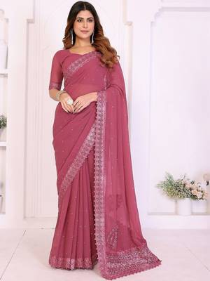 Pink embroidered lace work saree with matching blouse piece 1