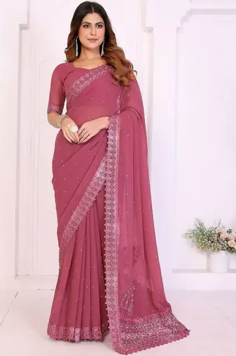 Pink embroidered lace work saree with matching blouse piece