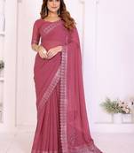 Pink embroidered lace work saree with matching blouse piece