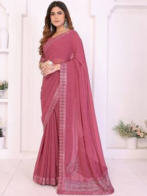 Pink embroidered lace work saree with matching blouse piece 3