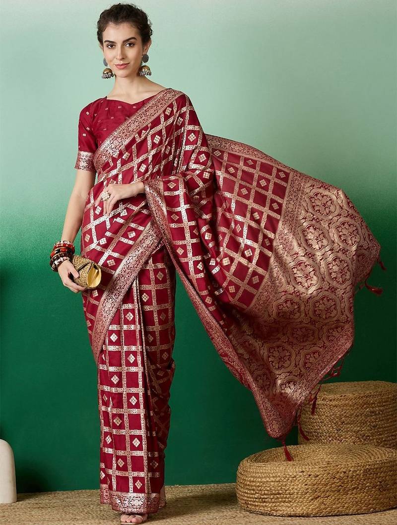 Maroon zari woven kanjeevaram saree with blouse