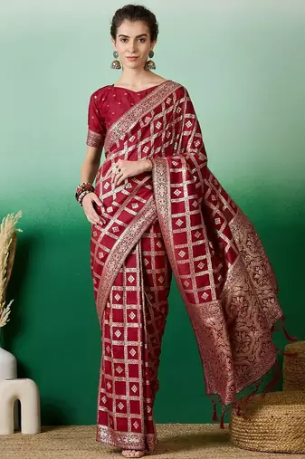 Maroon zari woven kanjeevaram saree with blouse