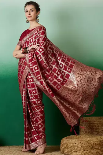 Maroon zari woven kanjeevaram saree with blouse