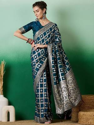 Teal zari woven checkered saree with blouse 2