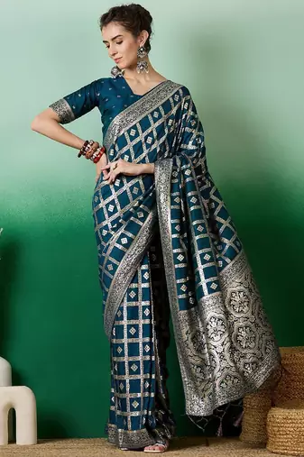 Teal zari woven checkered saree with blouse
