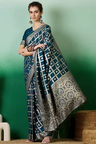 Teal zari woven checkered saree with blouse