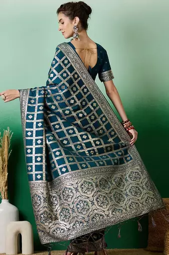 Teal zari woven checkered saree with blouse