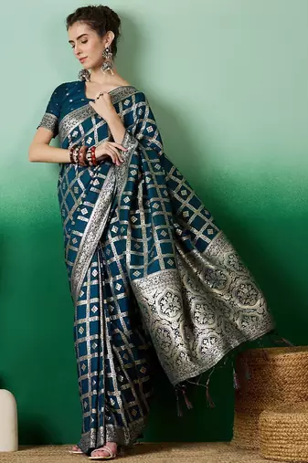Teal zari woven checkered saree with blouse
