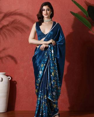 Blue ready to wear satin floral digital printed saree 1