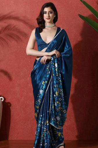 Blue ready to wear satin floral digital printed saree