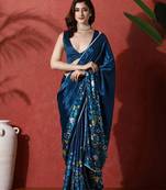 Blue ready to wear satin floral digital printed saree