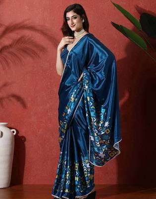 Blue ready to wear satin floral digital printed saree 2